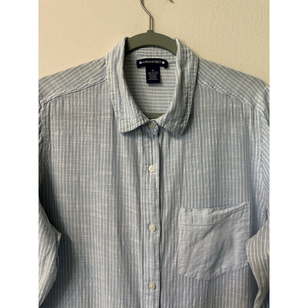 Architect Womens 1X Shirt Light Blue Striped 100% Cotton Roll Tab Sleeve Blouse